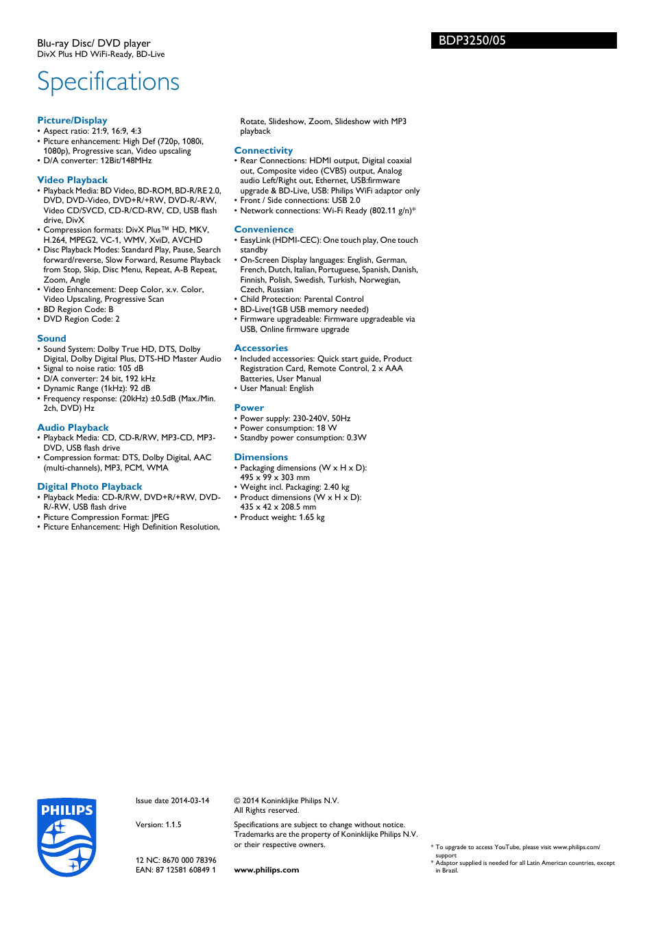 Specifications | Philips BDP3250-05 User Manual | Page 3 / 3