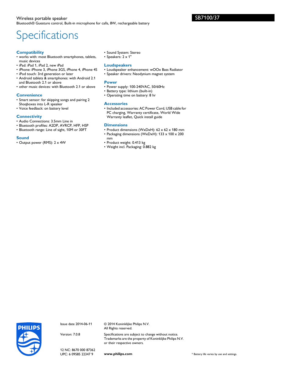 Specifications | Philips SB7100-37 User Manual | Page 3 / 3