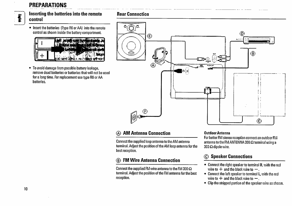 Inserting the batteries into the remote control, Am antenna connection, B) fm wire antenna connection | Outdoor antenna, C) speaker connections, Preparations | Philips FW48-37 User Manual | Page 10 / 28