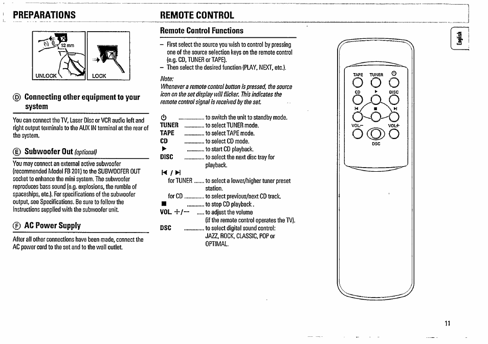 Connecting other equipment to your system, D subwoofer out (opthnall, Ac power supply | Remote control functions, Preparations, Remote control | Philips FW48-37 User Manual | Page 11 / 28