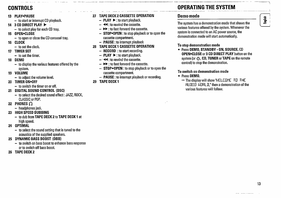 Demo mode, Controls operating the system | Philips FW48-37 User Manual | Page 13 / 28