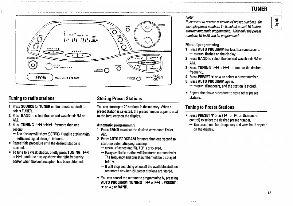Tuning to radio stations, Storing preset stations, Tuning to preset stations | Tuner | Philips FW48-37 User Manual | Page 15 / 28