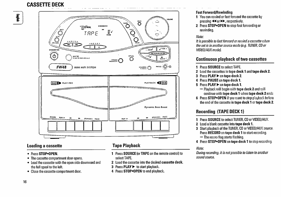 Loading a cassette, Tape playback, Continuous playback of two cassettes | Recording (tape deck 1) | Philips FW48-37 User Manual | Page 16 / 28