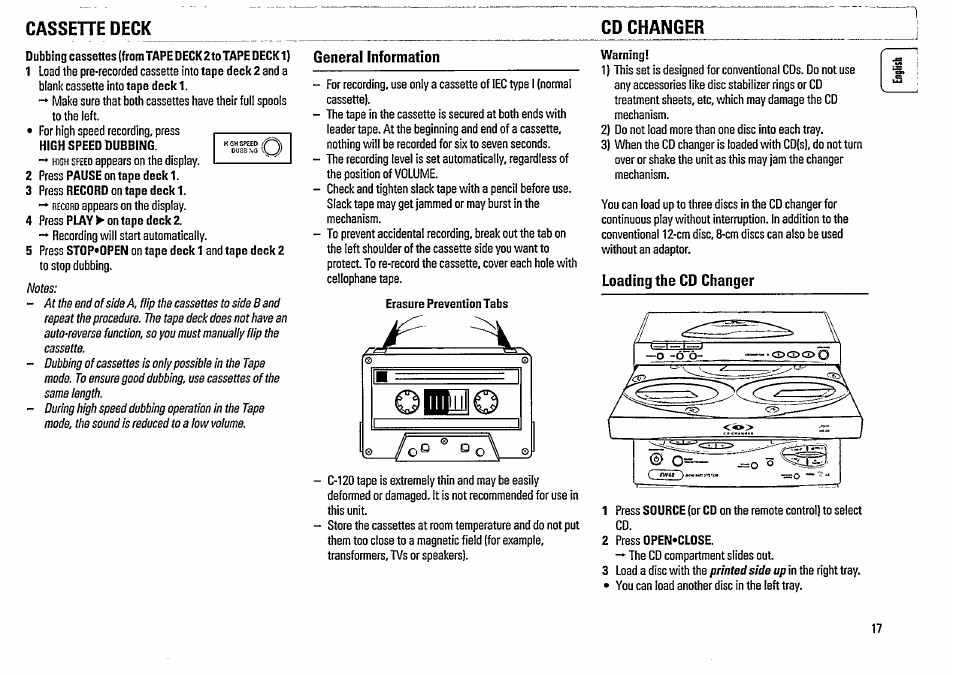 Warning, Loading the cd changer, Cassehe deck cd changer | Philips FW48-37 User Manual | Page 17 / 28