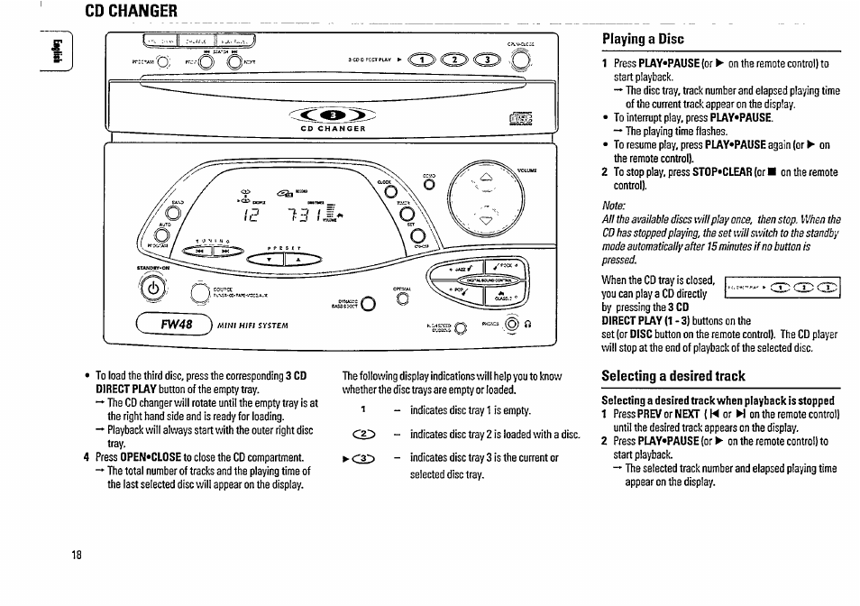 Playing a disc, Selecting a desired track, Selecting a desired track when piayback is stopped | Cd changer | Philips FW48-37 User Manual | Page 18 / 28