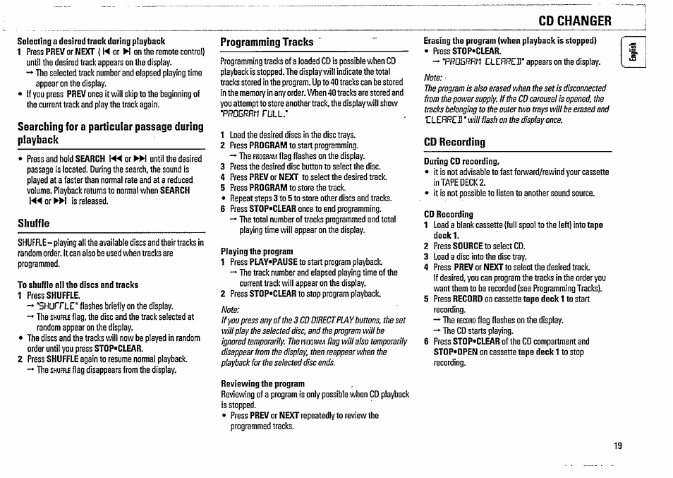 Searching for a particular passage during playback, Shuffle, To shuffle all the discs and tracks | Programming tracks, Playing the program, Reviewing the program, Erasing the program (when playback is stopped), Cd recording, Cd changer | Philips FW48-37 User Manual | Page 19 / 28
