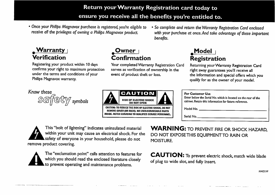 Warranty i verification, Owner i confirmation, Model i registration | Warning, Caution | Philips FW48-37 User Manual | Page 2 / 28