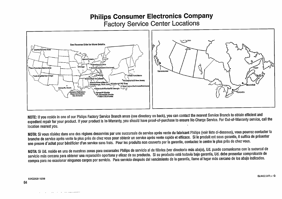 Philips consumer electronics company, Factory service center locations | Philips FW48-37 User Manual | Page 24 / 28