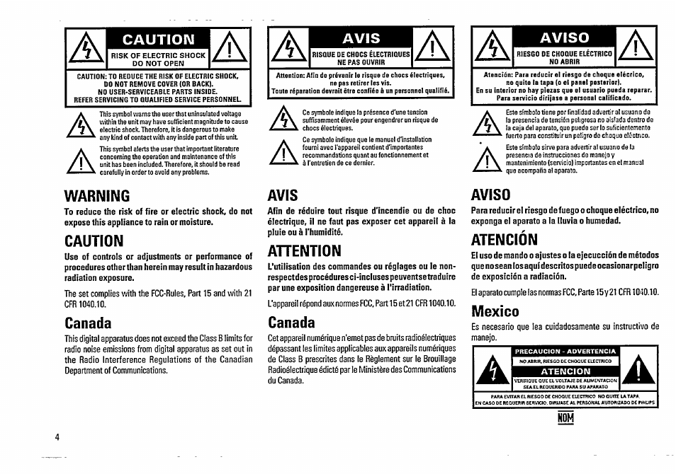 Caution, Avis, Warning | Canada, Aviso, Ahention, Atención, México | Philips FW48-37 User Manual | Page 4 / 28