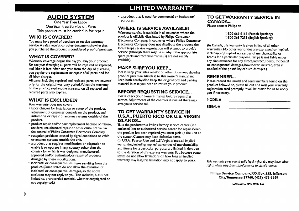 Limited warranty, Audio system, Limited warranty audio system | Philips FW48-37 User Manual | Page 8 / 28