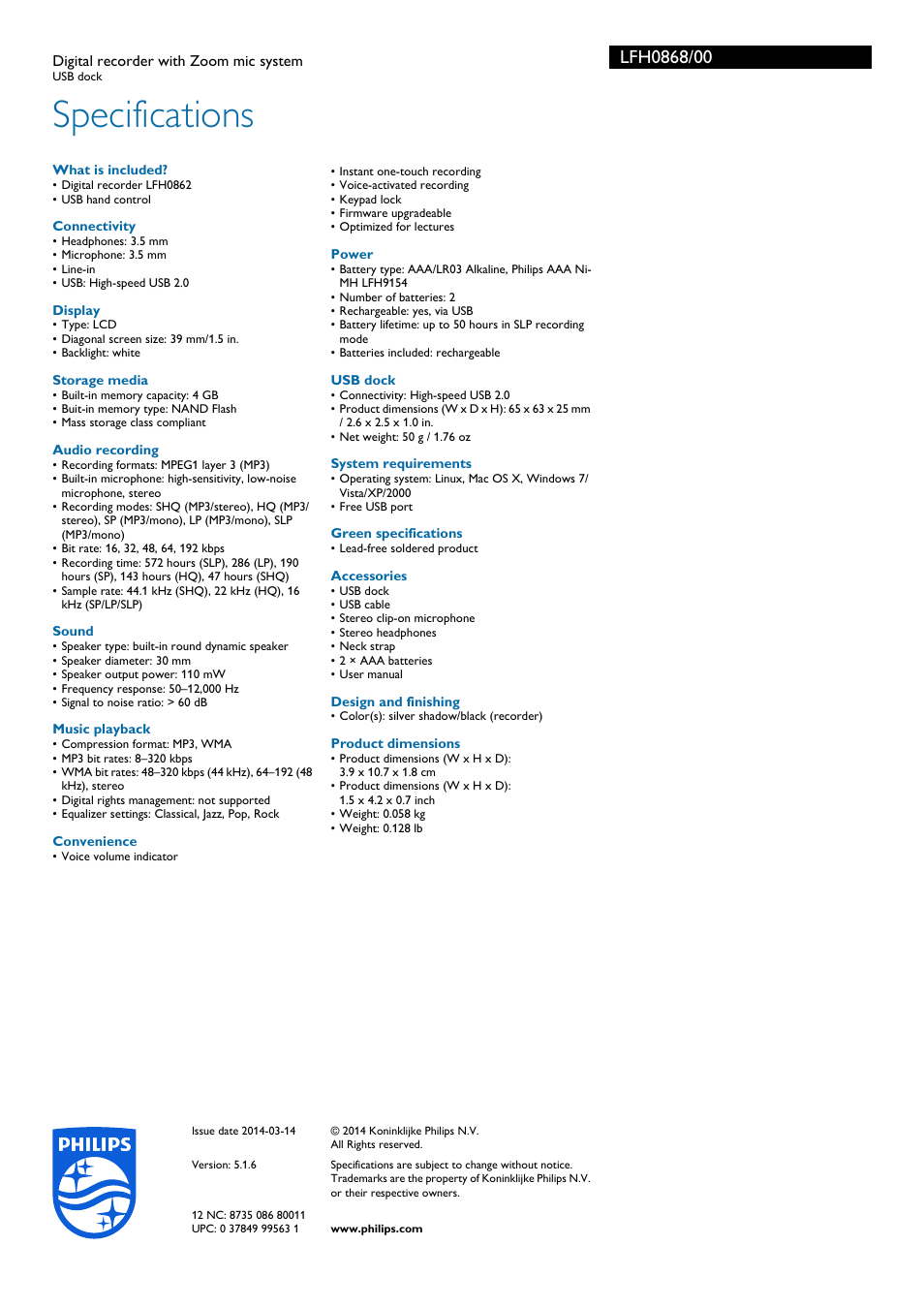 Specifications | Philips LFH0868-00 User Manual | Page 3 / 3