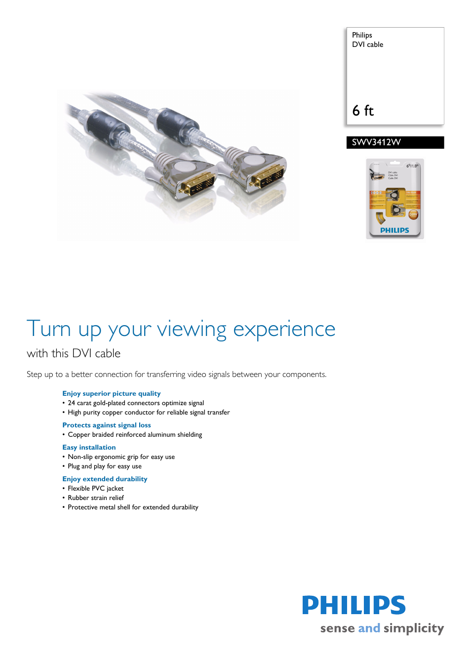 Philips DVI cable SWV3412W 6 ft User Manual | 2 pages