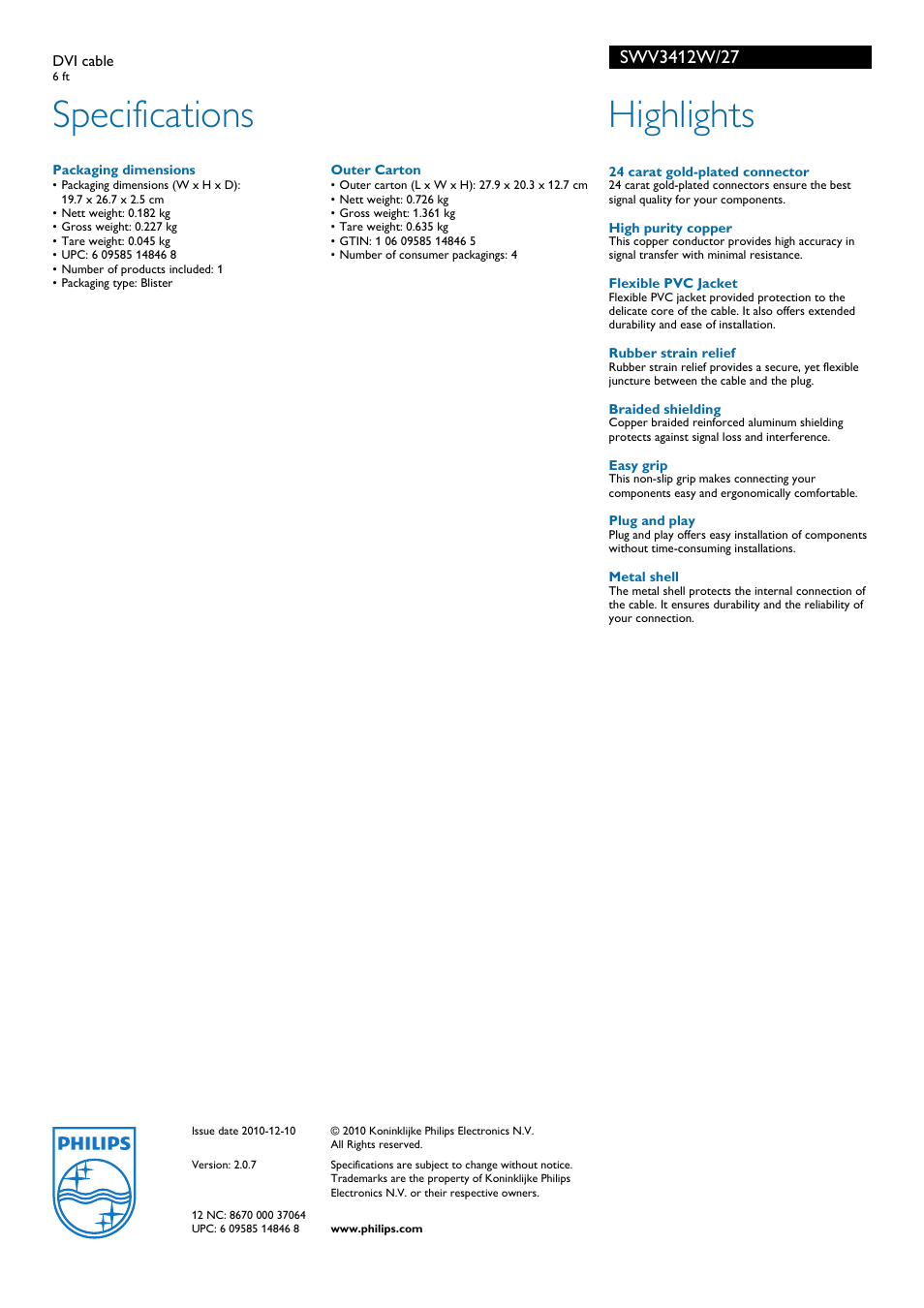 Specifications, Highlights | Philips DVI cable SWV3412W 6 ft User Manual | Page 2 / 2