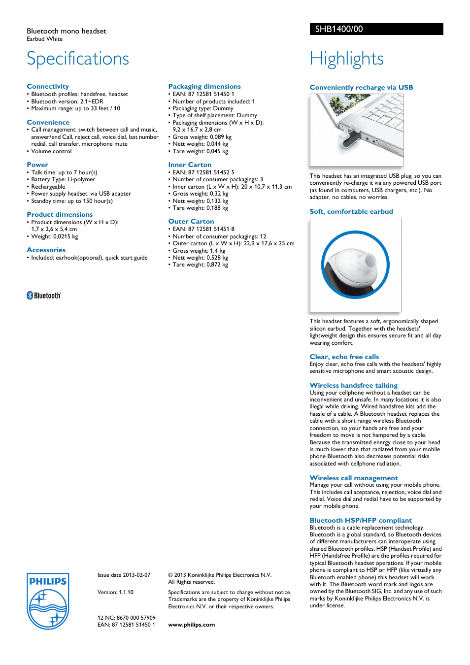 Specifications, Highlights | Philips SHB1400-00 User Manual | Page 2 / 2