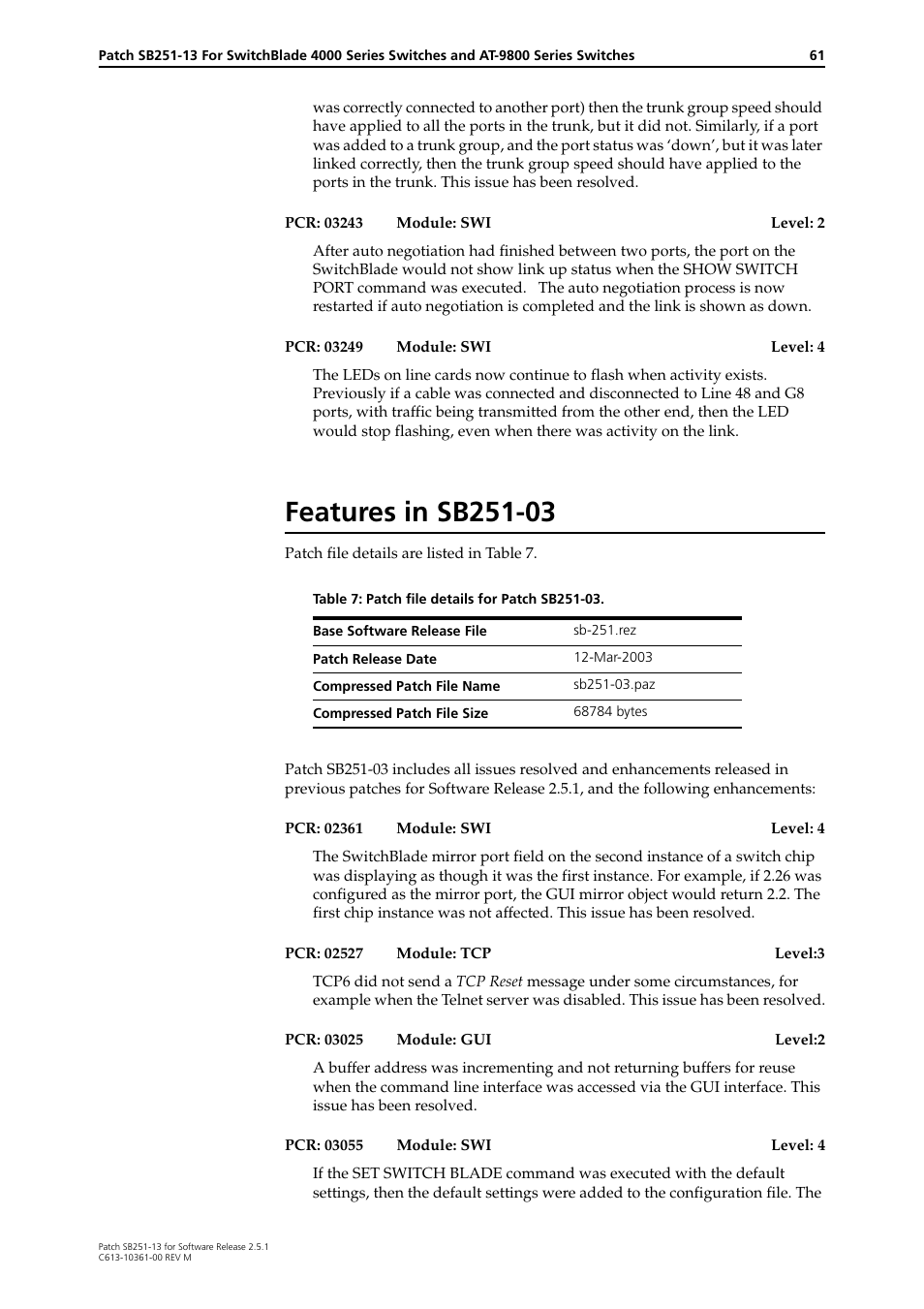 Features in sb251-03 | Allied Telesis SB251-13 User Manual | Page 61 / 66