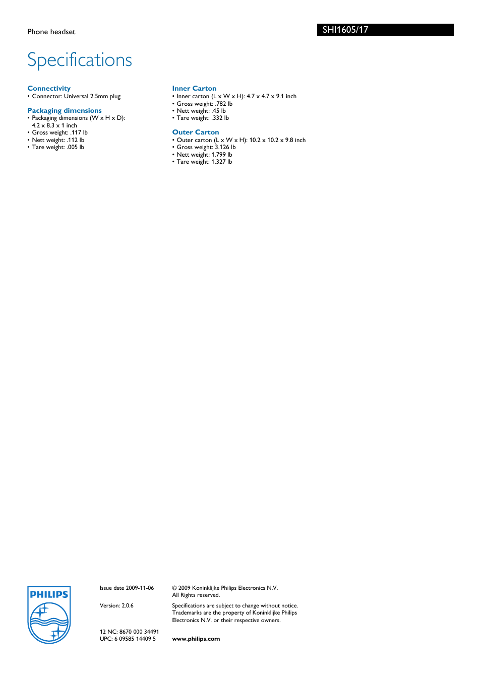 Specifications | Philips SHI1605-17 User Manual | Page 2 / 2
