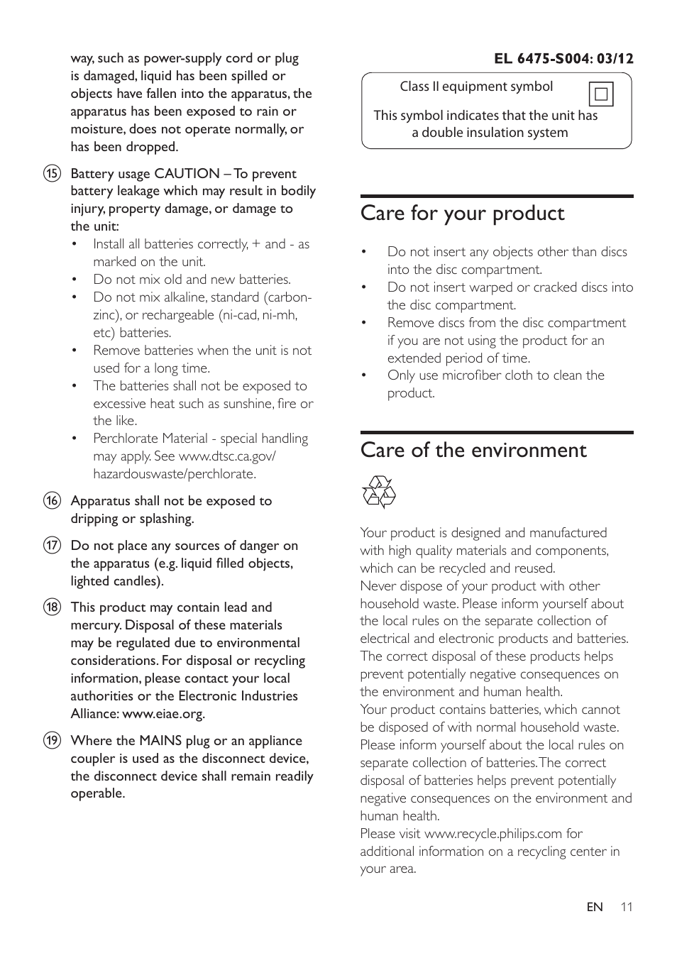 Video, audio and picture options, Video options, Care for your product | Care of the environment | Philips BDP2105-F7 User Manual | Page 11 / 31