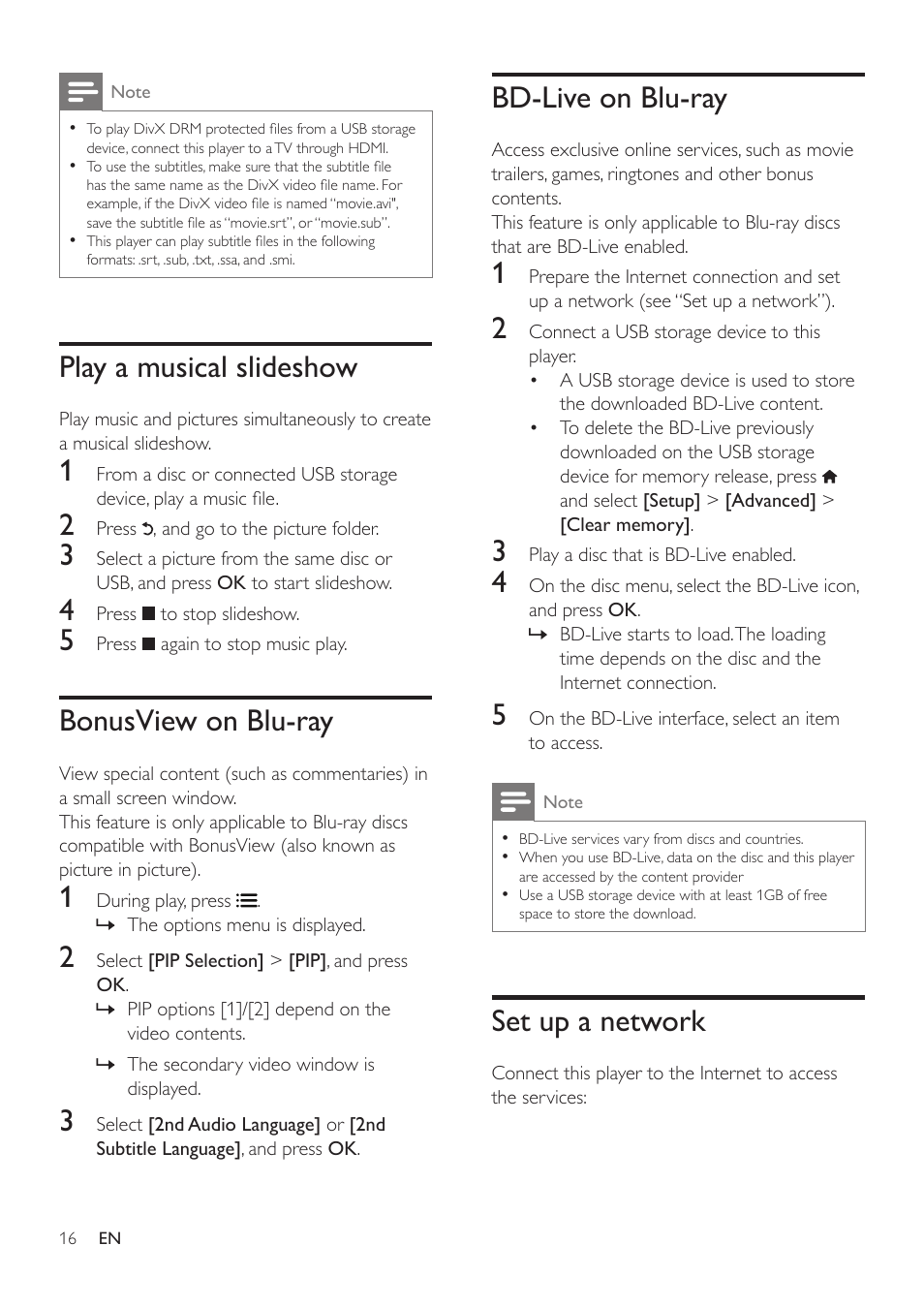 Play a musical slideshow, Bonusview on blu-ray, Bd-live on blu-ray | Set up a network | Philips BDP2105-F7 User Manual | Page 16 / 31
