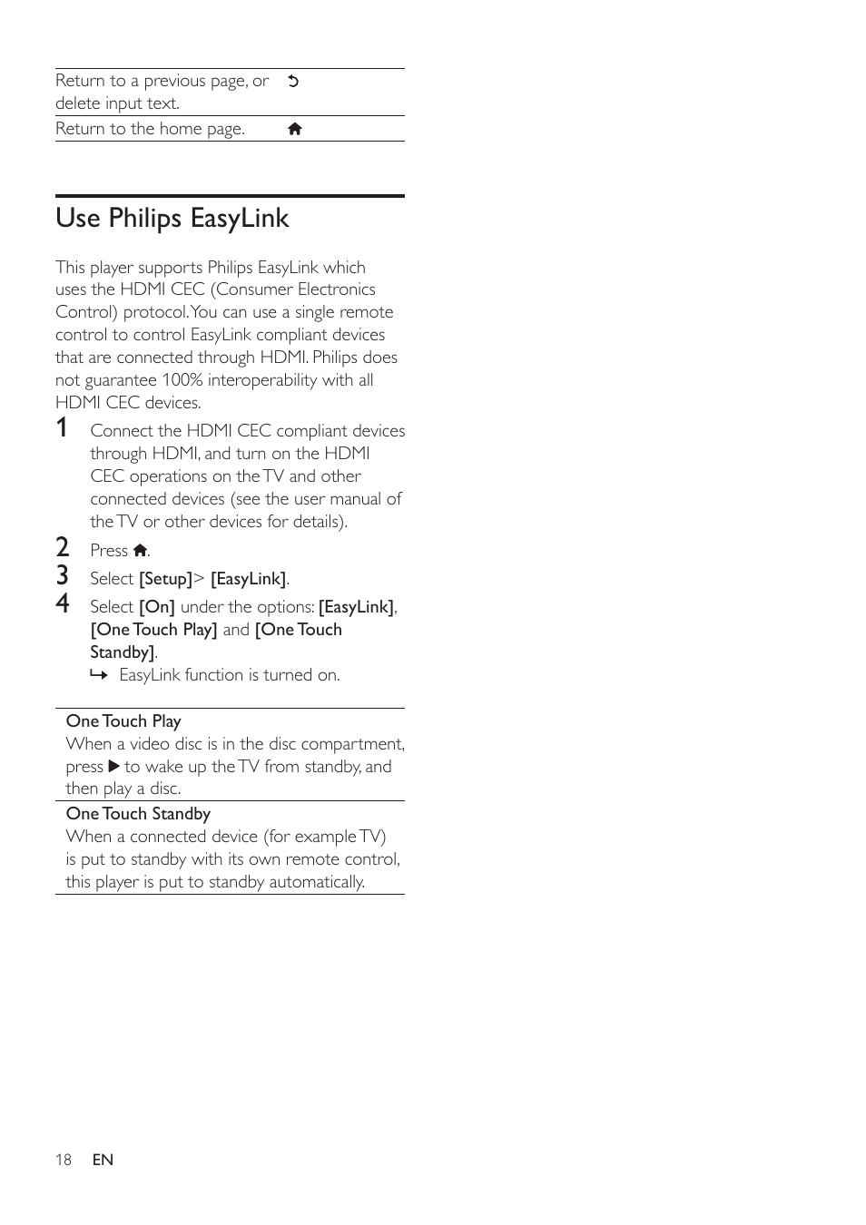 Preference (languages, parental control...), Advanced options (clear memory...), Use philips easylink | Philips BDP2105-F7 User Manual | Page 18 / 31