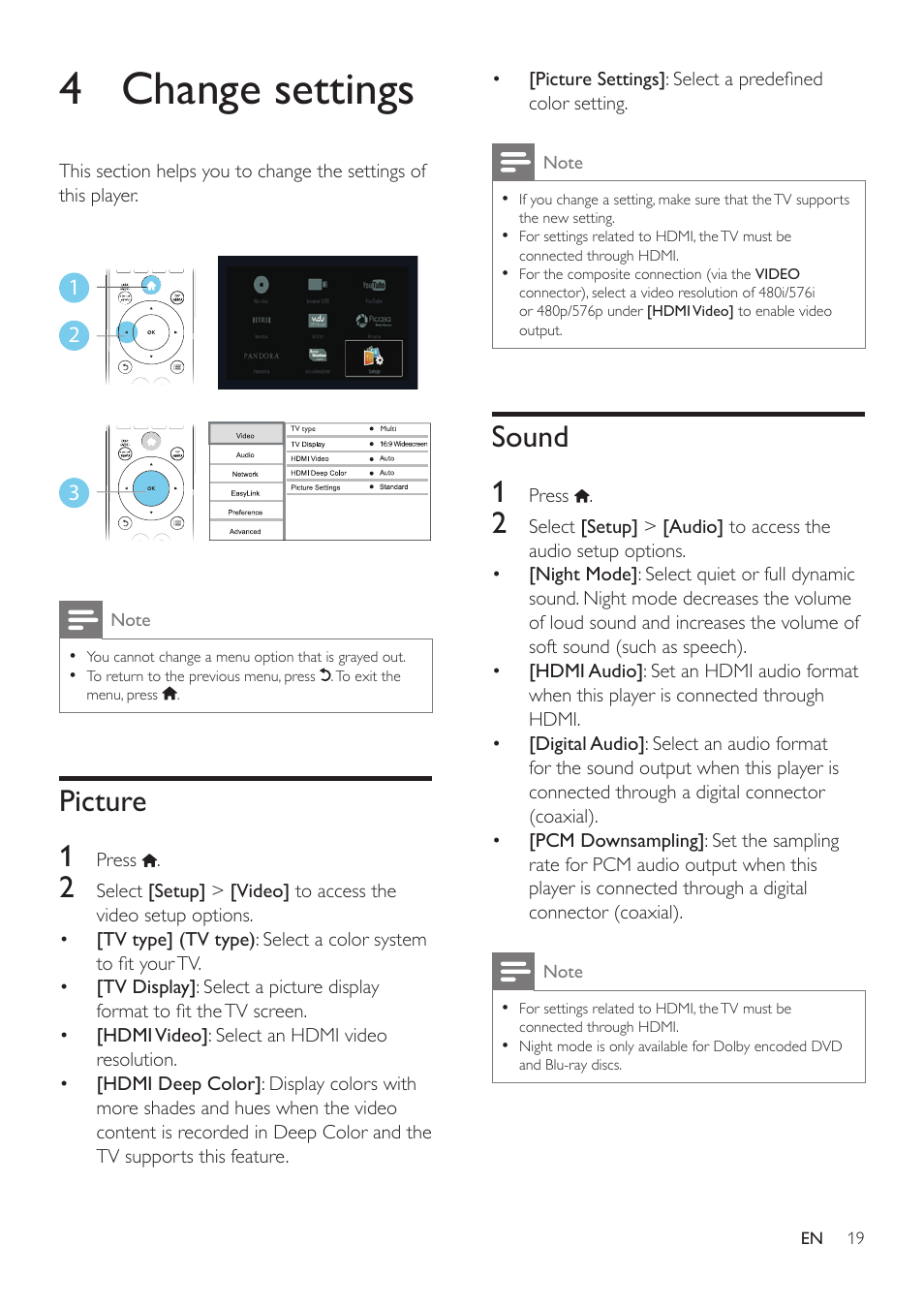 4 change settings, Picture, Sound | Picture 1, Sound 1 | Philips BDP2105-F7 User Manual | Page 19 / 31