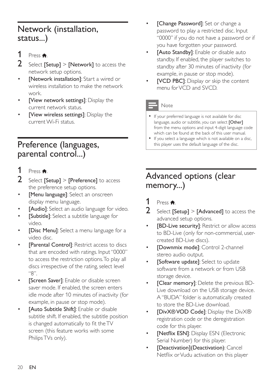 4 update software, Update software via the internet, Update software via usb | Network (installation, status...), Preference (languages, parental control...), Advanced options (clear memory...), Preference (languages, parental, Control...), Network (installation, status...) 1, Preference (languages, parental control...) 1 | Philips BDP2105-F7 User Manual | Page 20 / 31