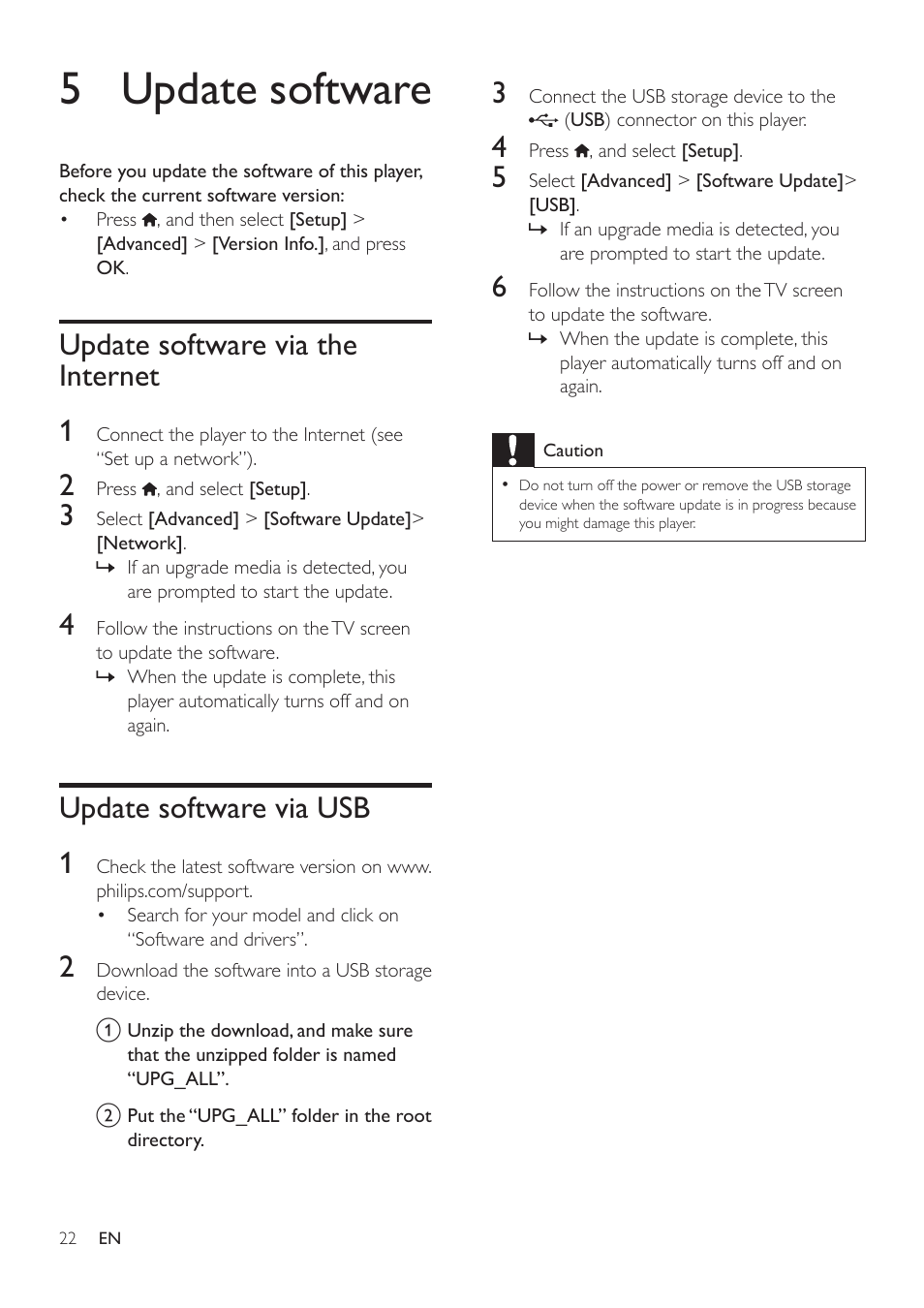 6 troubleshooting, Connect and set up, Main unit | Picture, Sound, 5 update software, Update software via the internet, Update software via usb, Update software via the internet 1, Update software via usb 1 | Philips BDP2105-F7 User Manual | Page 22 / 31