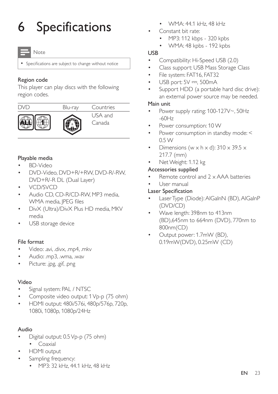Play, Network, 6 specifications | Philips BDP2105-F7 User Manual | Page 23 / 31