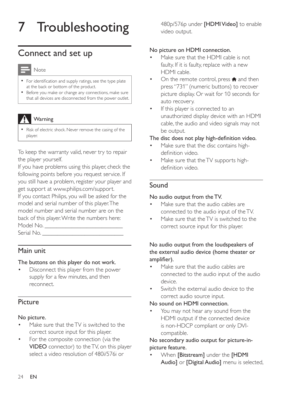 7 safety and important notice, Safety, 7 troubleshooting | Connect and set up, Main unit, Picture, Sound | Philips BDP2105-F7 User Manual | Page 24 / 31