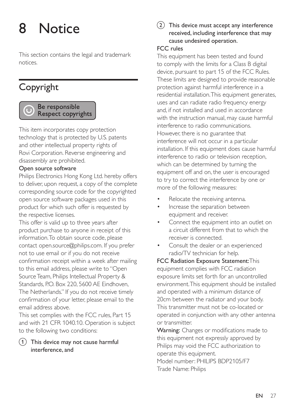 8 notice, Copyright | Philips BDP2105-F7 User Manual | Page 27 / 31