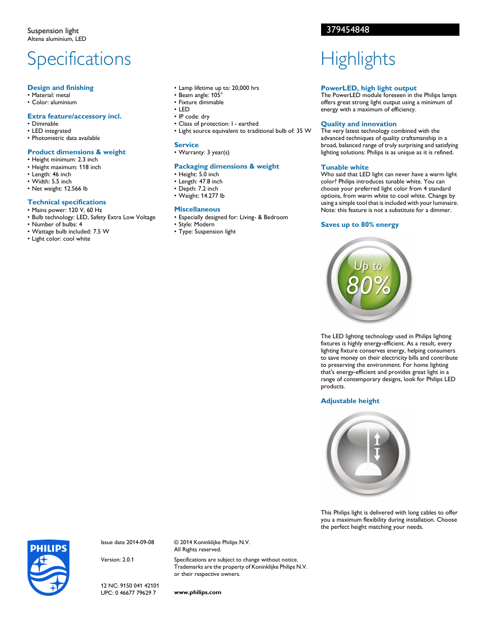 Specifications, Highlights | Philips 379454848 User Manual | Page 2 / 2