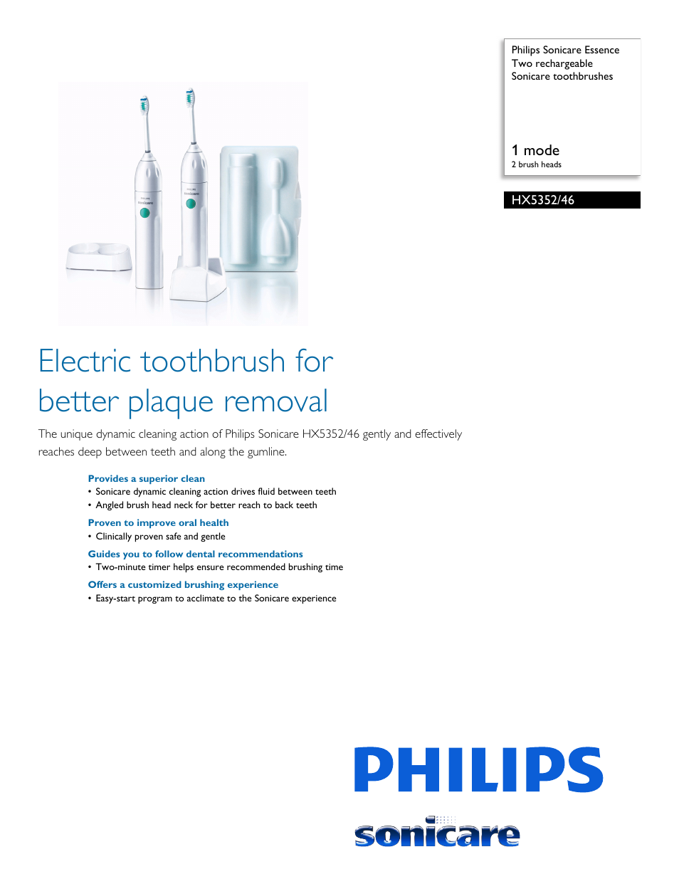 Philips Sonicare Essence Two rechargeable Sonicare toothbrushes HX5352-46 1 mode 2 brush heads User Manual | 2 pages