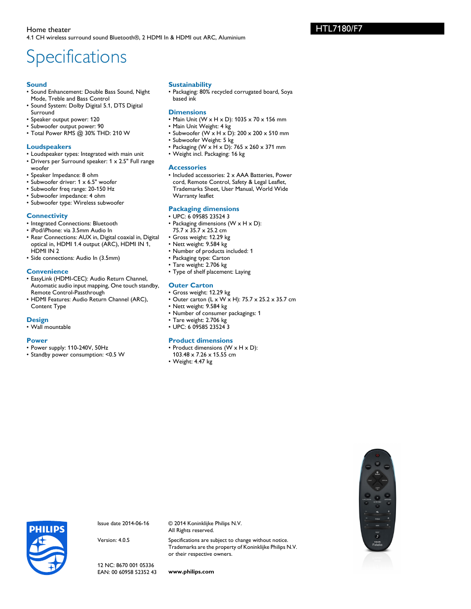 Specifications | Philips Fidelio SoundBar Home theater HTL7180 4.1 CH wireless surround sound Bluetooth® 2 HDMI In & HDMI out ARC Aluminium User Manual | Page 3 / 3