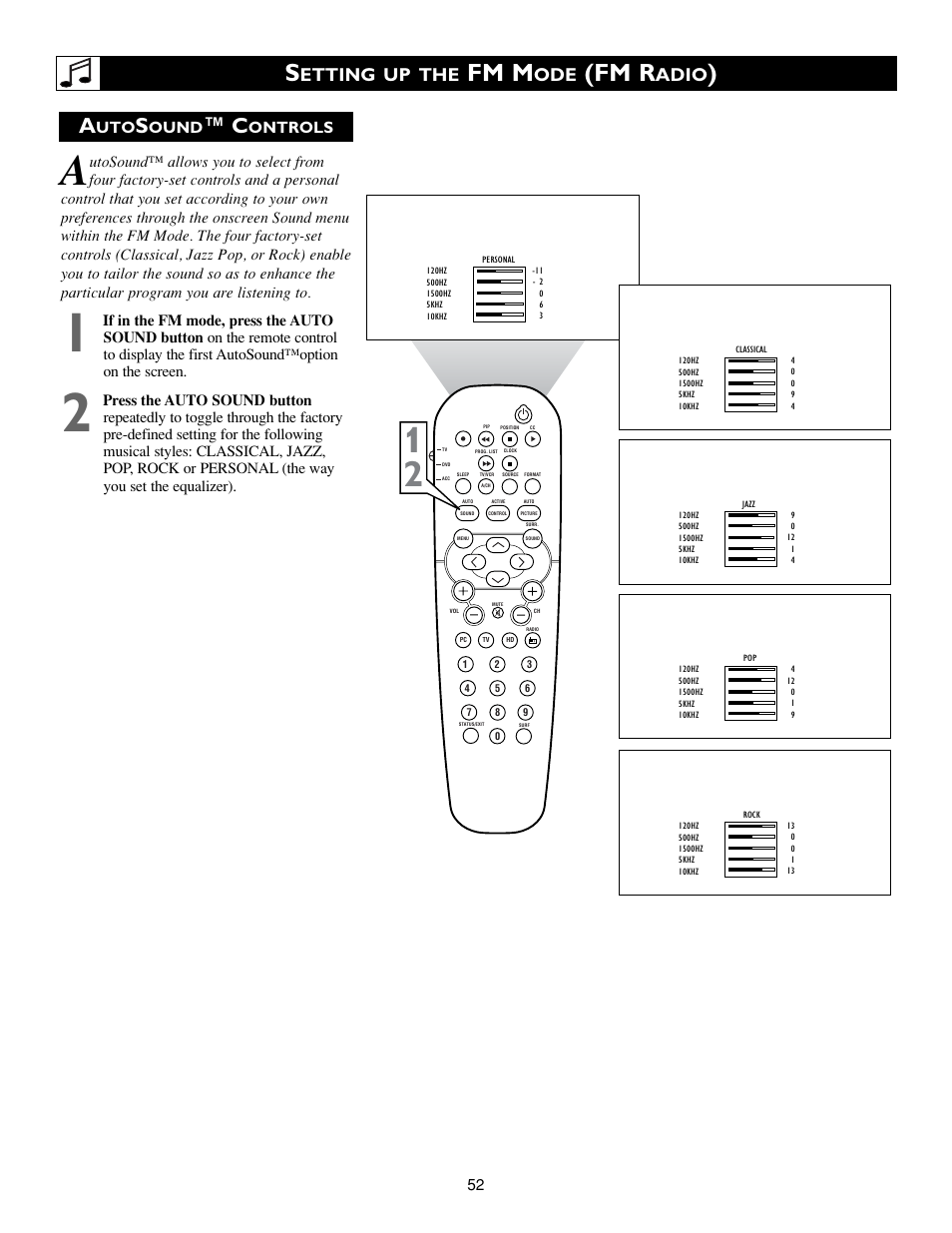 Fm m, Fm r, Etting up the | Adio, Ound, Ontrols | Philips 17PF9936-99 User Manual | Page 52 / 62