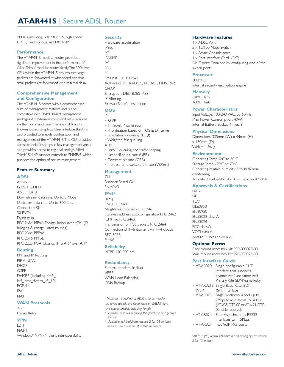 At-ar441s | secure adsl router | Allied Telesis AT-AR441S User Manual | Page 2 / 5