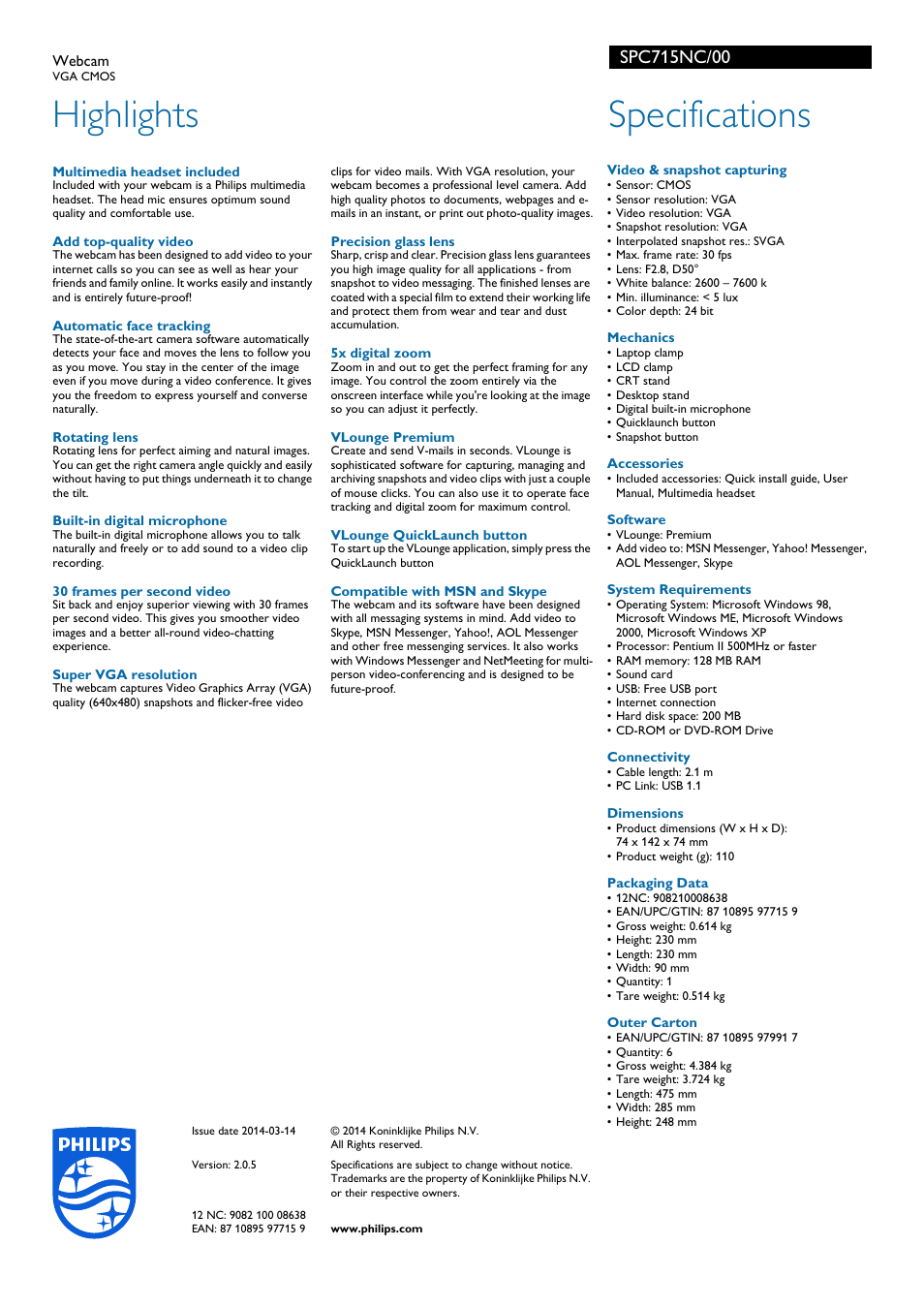 Highlights, Specifications | Philips Webcam SPC715NC VGA CMOS User Manual | Page 2 / 2