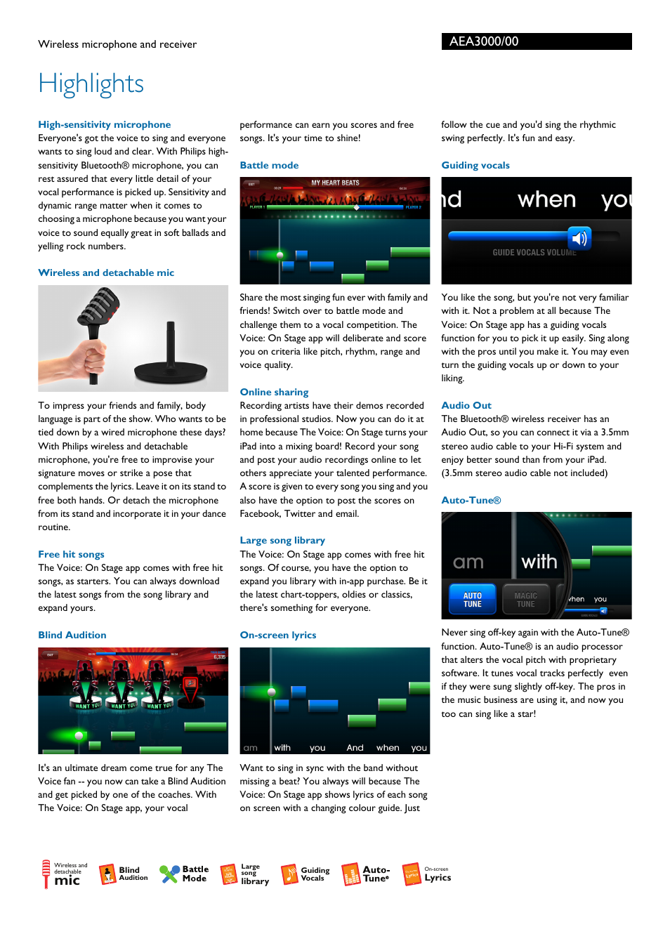 Highlights, Wireless microphone and receiver | Philips AEA3000-00 User Manual | Page 2 / 3