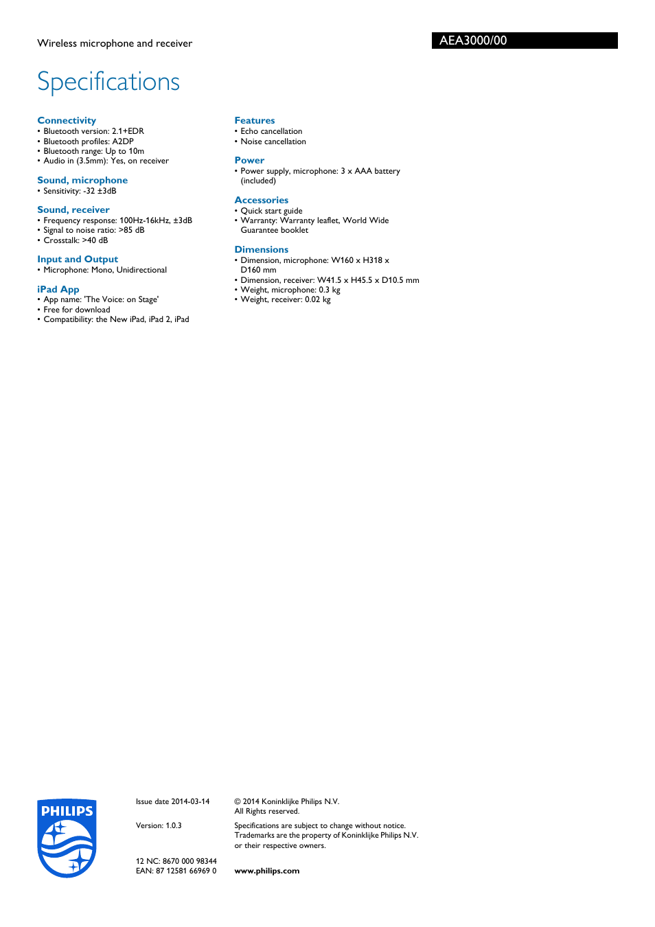 Specifications | Philips AEA3000-00 User Manual | Page 3 / 3