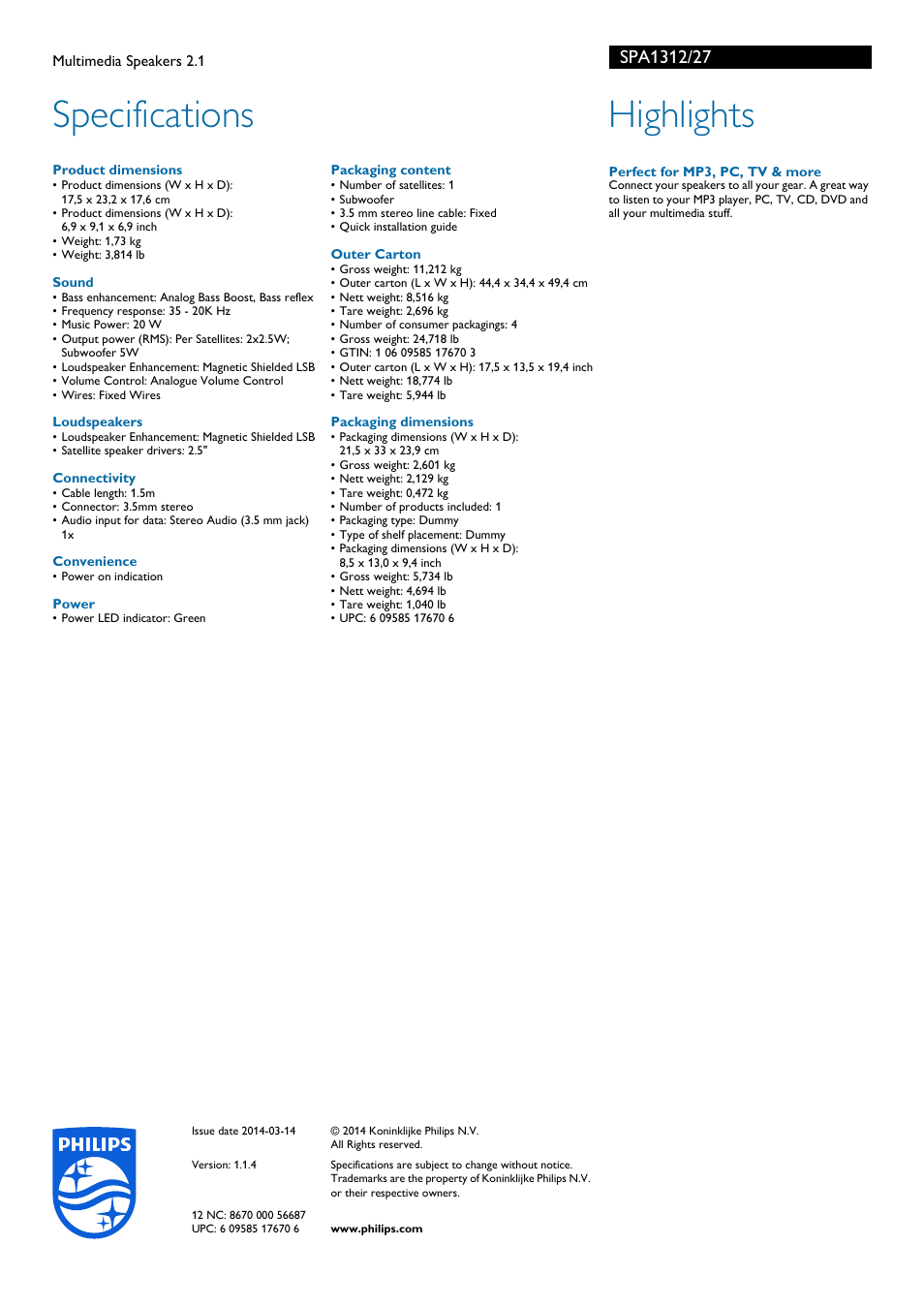 Specifications, Highlights | Philips SPA1312-27 User Manual | Page 2 / 2