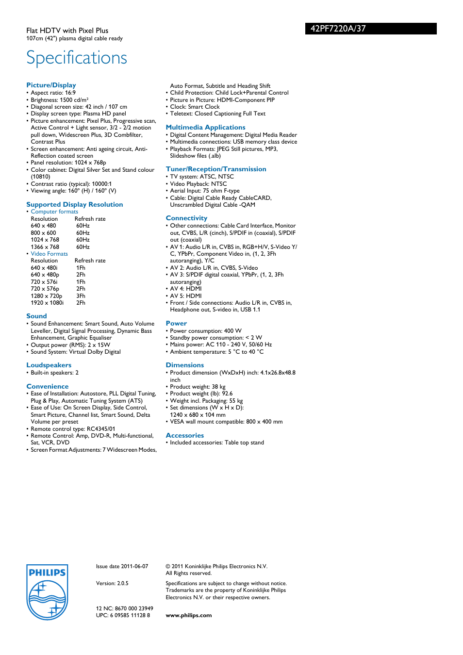Specifications | Philips 42PF7220A-37 User Manual | Page 3 / 3