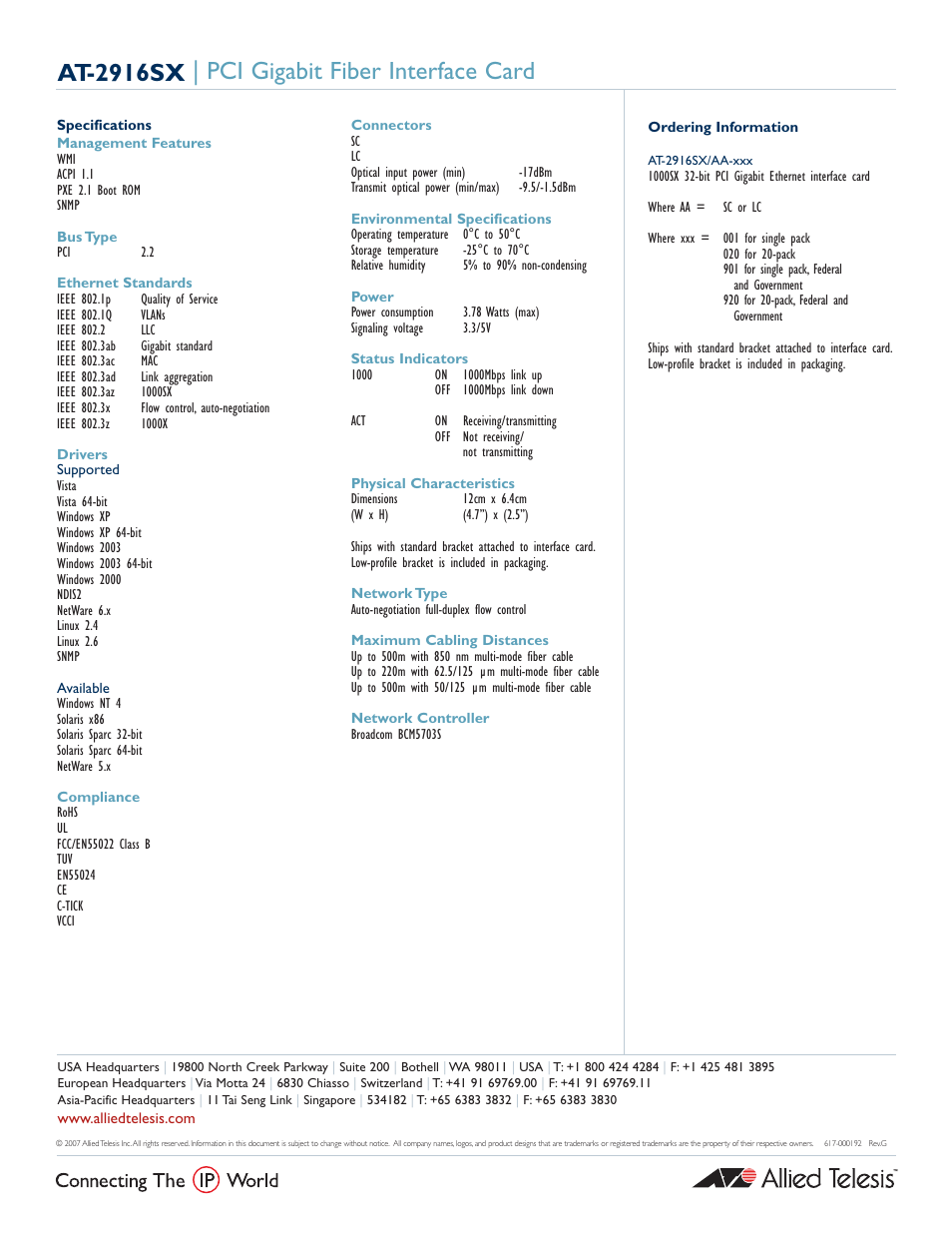 At-2916sx | pci gigabit fiber interface card | Allied Telesis AT-2916SX/ User Manual | Page 2 / 2