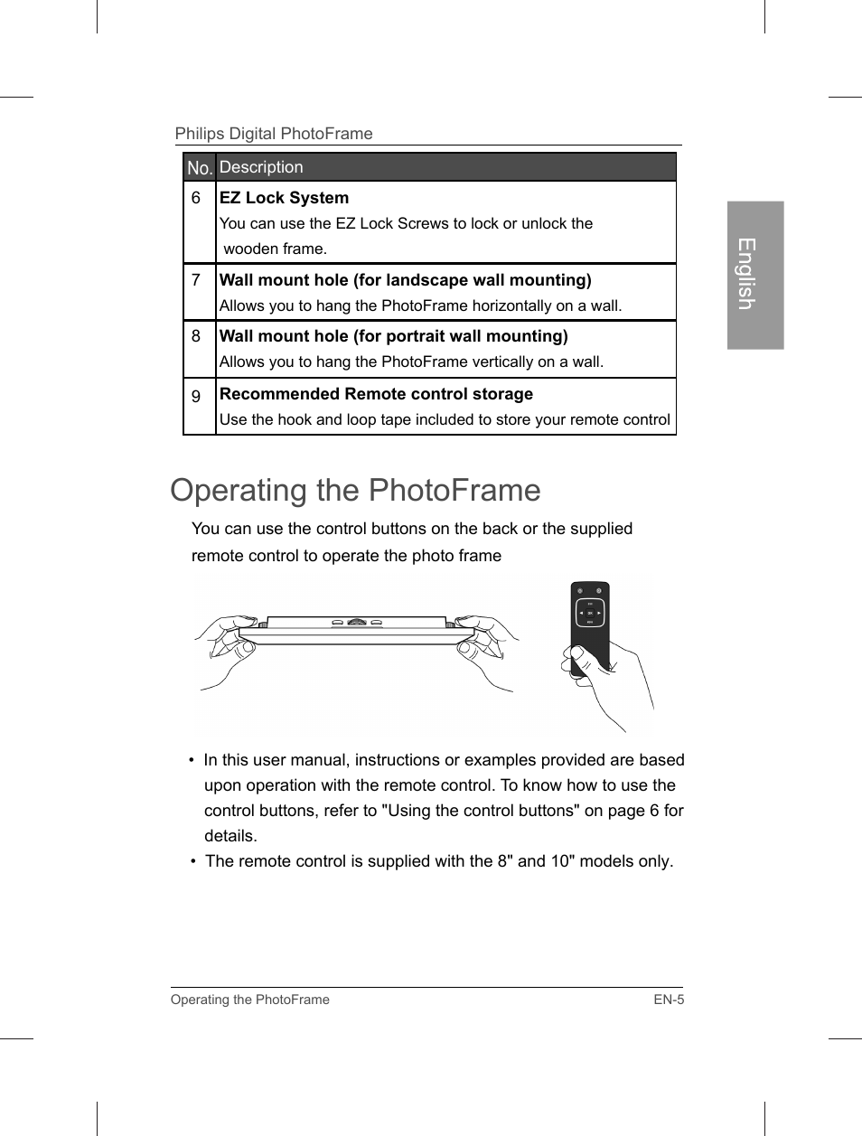 Operating the photoframe | Philips Home Essentials Digital PhotoFrame SPF3402S 10.1" LCD Panel Brown Wood Frame User Manual | Page 10 / 126