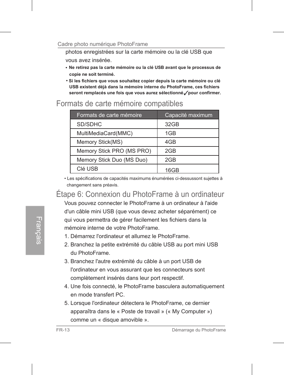 Étape 6: connexion du photoframe à un ordinateur, Formats de carte mémoire compatibles | Philips Home Essentials Digital PhotoFrame SPF3402S 10.1" LCD Panel Brown Wood Frame User Manual | Page 101 / 126