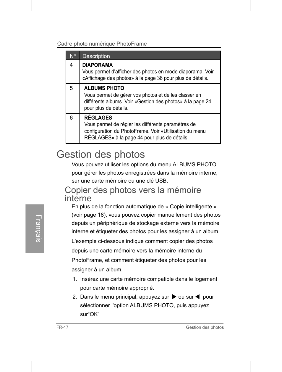 Gestion des photos, Copier des photos vers la mémoire interne | Philips Home Essentials Digital PhotoFrame SPF3402S 10.1" LCD Panel Brown Wood Frame User Manual | Page 105 / 126