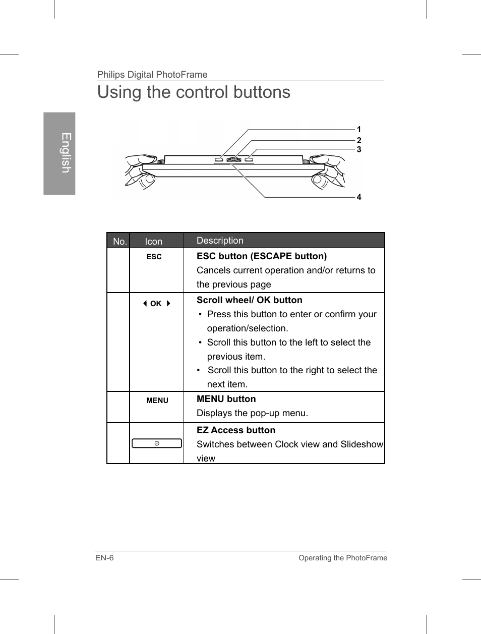 Using the control buttons | Philips Home Essentials Digital PhotoFrame SPF3402S 10.1" LCD Panel Brown Wood Frame User Manual | Page 11 / 126