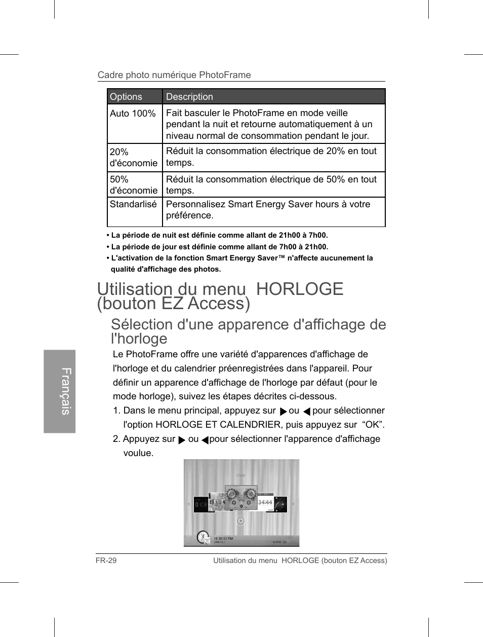 Utilisation du menu horloge (bouton ez access), Sélection d'une apparence d'affichage de l'horloge | Philips Home Essentials Digital PhotoFrame SPF3402S 10.1" LCD Panel Brown Wood Frame User Manual | Page 117 / 126