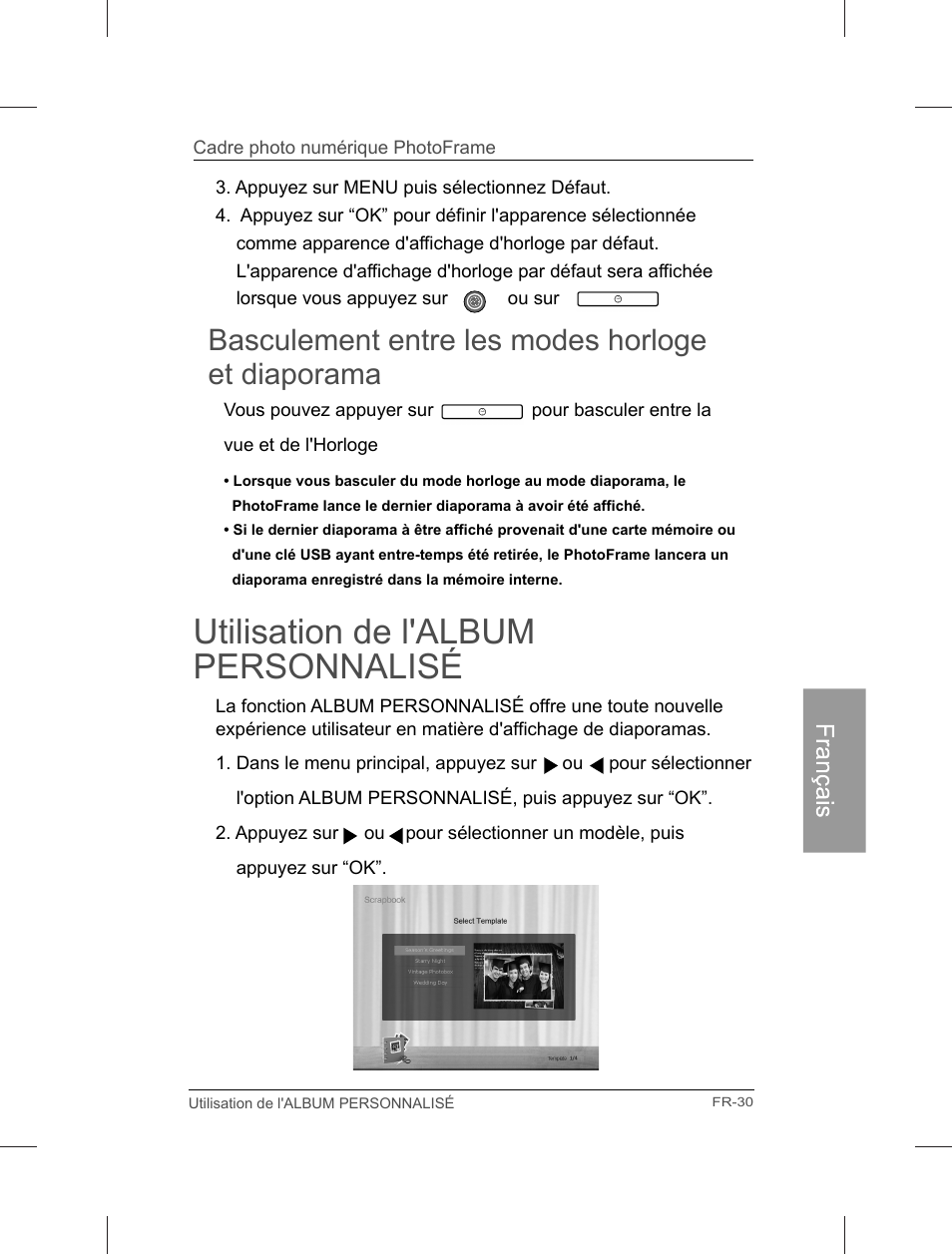 Utilisation de l'album personnalisé, Basculement entre les modes horloge et diaporama | Philips Home Essentials Digital PhotoFrame SPF3402S 10.1" LCD Panel Brown Wood Frame User Manual | Page 118 / 126