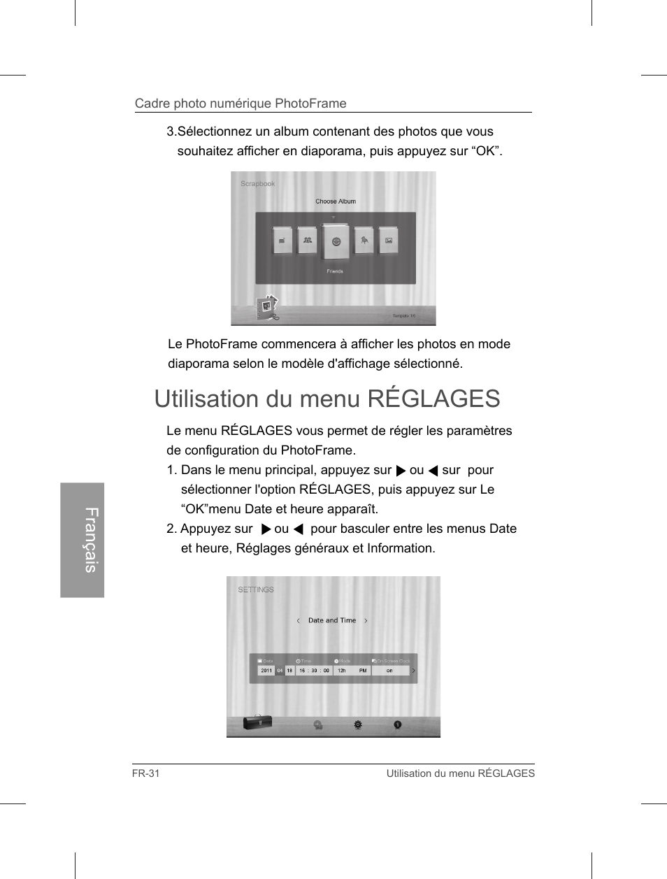 Utilisation du menu réglages | Philips Home Essentials Digital PhotoFrame SPF3402S 10.1" LCD Panel Brown Wood Frame User Manual | Page 119 / 126