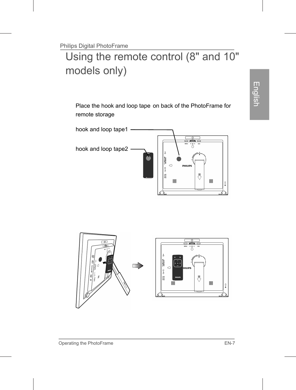 Using the remote control (8" and 10" models only) | Philips Home Essentials Digital PhotoFrame SPF3402S 10.1" LCD Panel Brown Wood Frame User Manual | Page 12 / 126