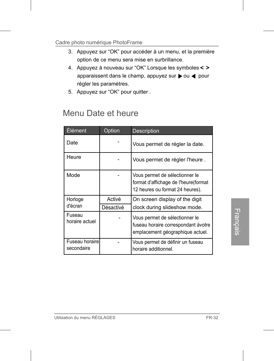 Menu date et heure | Philips Home Essentials Digital PhotoFrame SPF3402S 10.1" LCD Panel Brown Wood Frame User Manual | Page 120 / 126