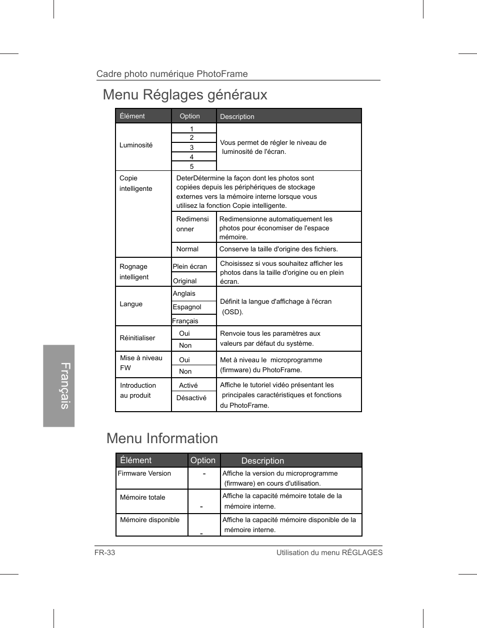 Menu réglages généraux menu information, Cadre photo numérique photoframe | Philips Home Essentials Digital PhotoFrame SPF3402S 10.1" LCD Panel Brown Wood Frame User Manual | Page 121 / 126